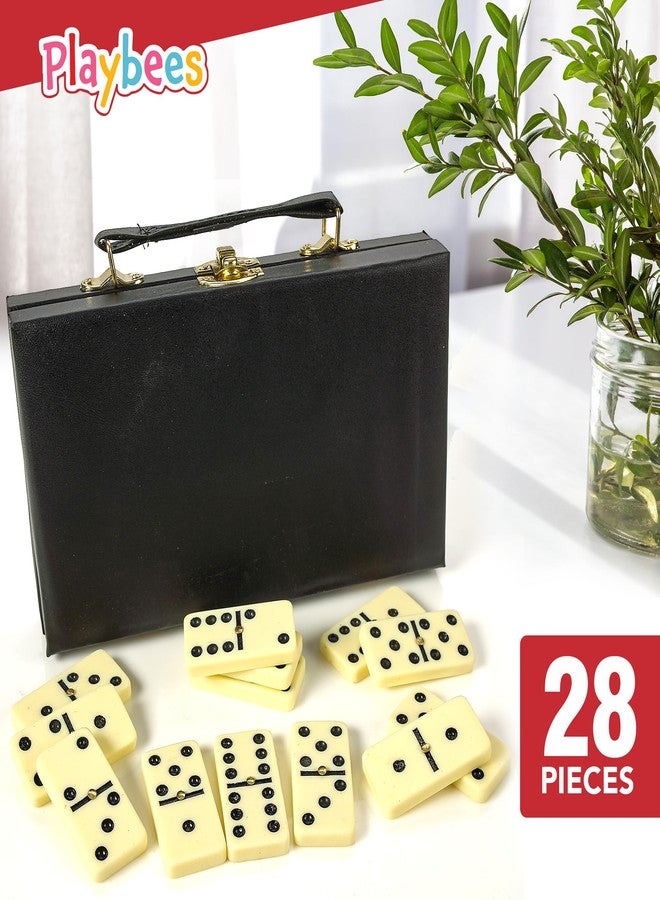 Playbees مجموعة دومينو بلايبيز المميزة ذات الستة قطع المزدوجة - 28 قطعة كلاسيكية في علبة من الجلد الصناعي - لعبة تعليمية ممتعة للأطفال، بنين وبنات، مجموعة أدوات صفية، مجموعة هدايا حفلات ليلة الألعاب الكلاسيكية، مناسبة للسفر - Image 2